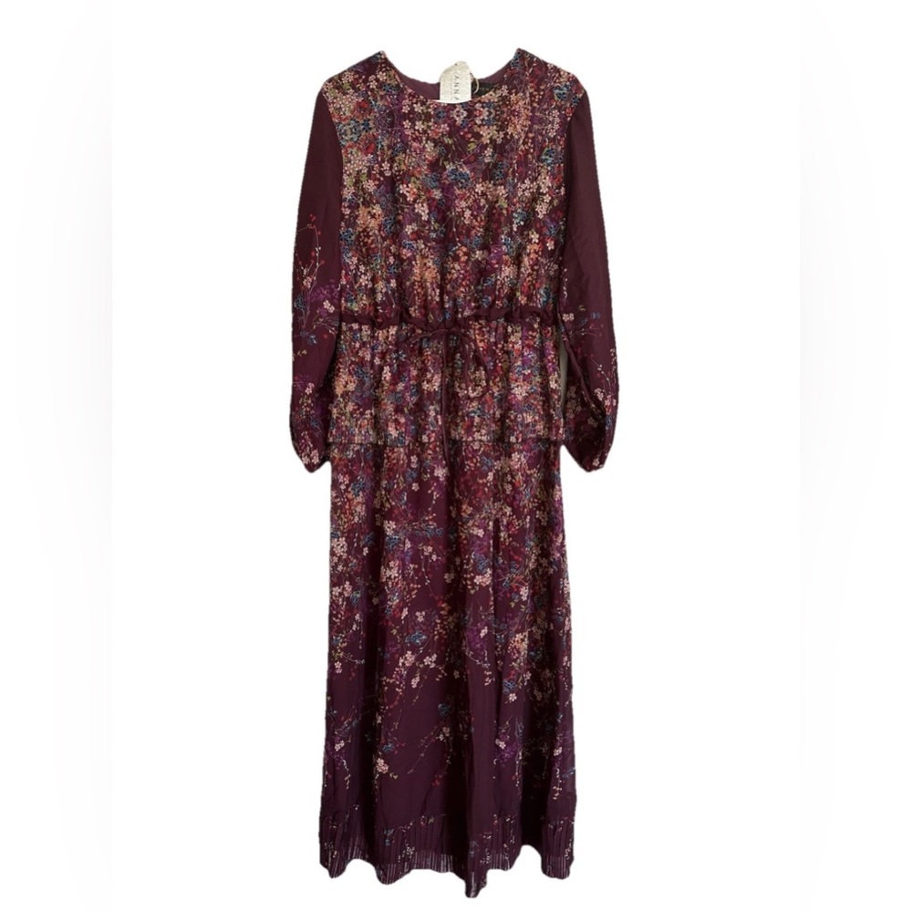 Annah Hariri Singapore Modest Floral Print Maxi Dress Maroon Sz 16 NWT no slits